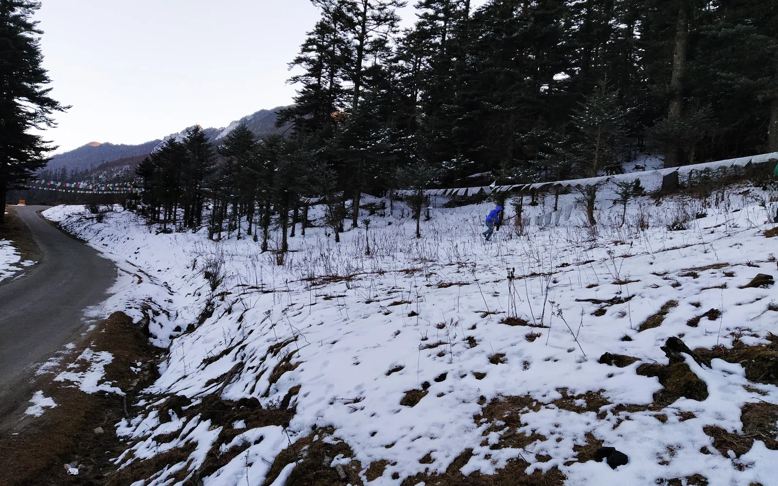 A snow-dusted mountain road winding through the Bhutan highlands in winter — original photo by goFLY founder Mahabub Alam Razu, December 2019