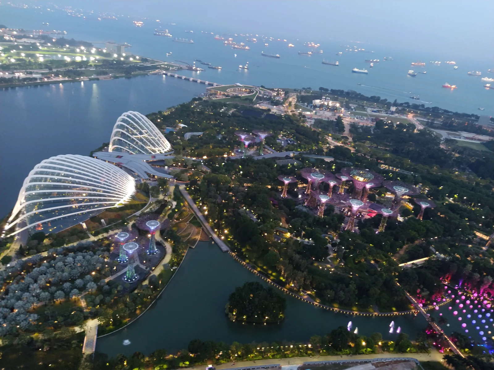 Aerial view of Gardens by the Bay and the Singapore skyline at dusk — photographed by the goFLY team in Singapore