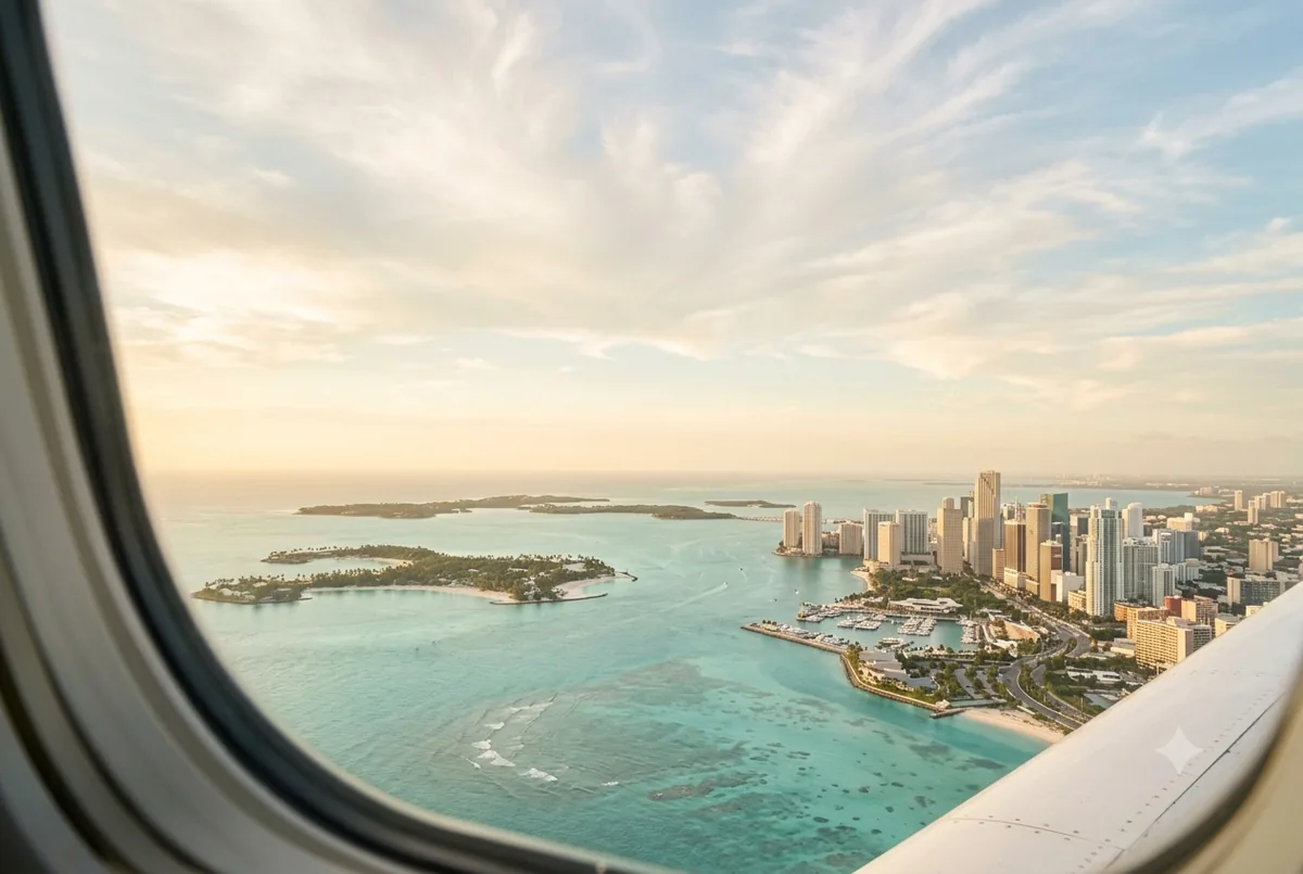International tour packages from Bangladesh — aerial window view of tropical islands and city skyline, goFLY Limited