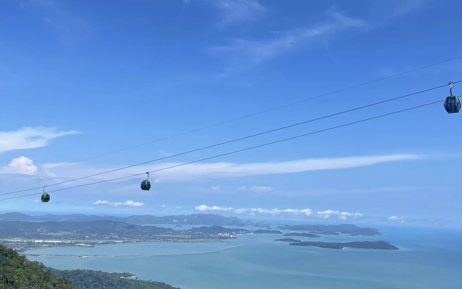 Cable-car gondolas and an aerial panorama of the Langkawi islands, Malaysia — photo by goFLY founder Mahabub Alam Razu, August 2024