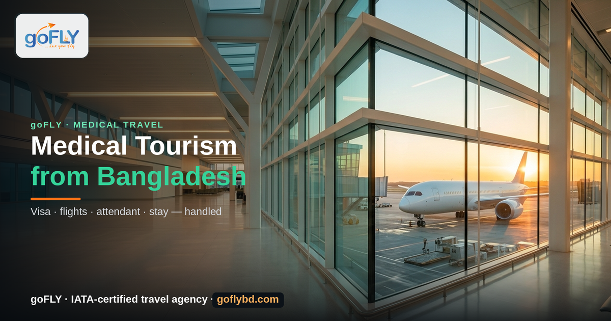 Medical Tourism from Bangladesh — modern airport with aircraft at sunset, goFLY Limited IATA-certified