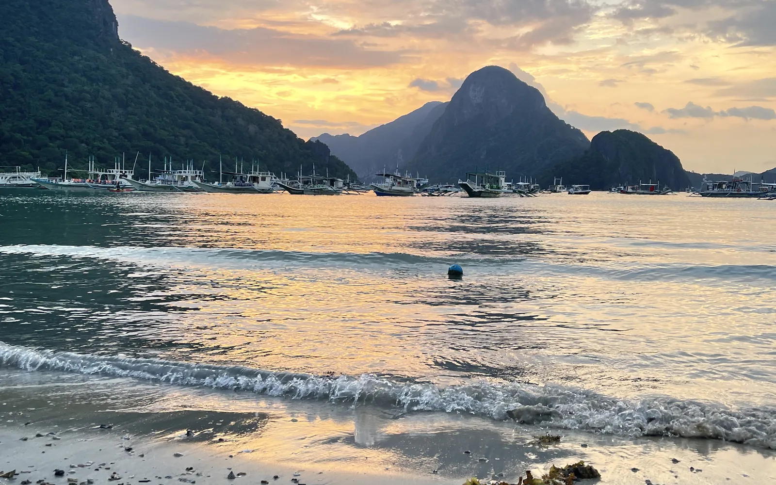 Golden sunset over Bacuit Bay and its karst islands, El Nido, Palawan, Philippines — photo by goFLY founder Mahabub Alam Razu, August 2024