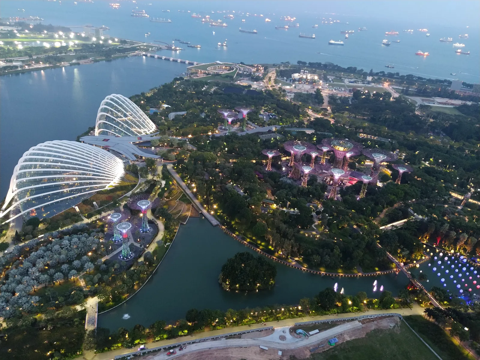 Gardens by the Bay and the Marina skyline at dusk, seen from above — photographed by the goFLY team in Singapore
