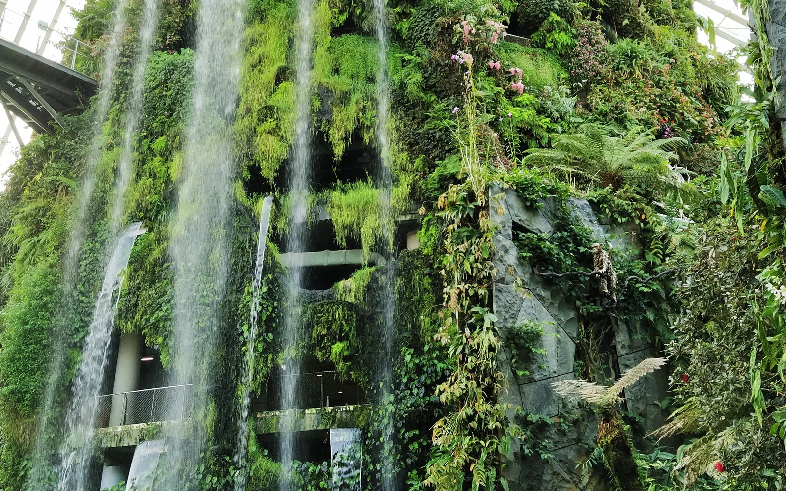 The indoor mountain waterfall inside the Cloud Forest dome at Gardens by the Bay — photo by goFLY founder Mahabub Alam Razu, January 2020