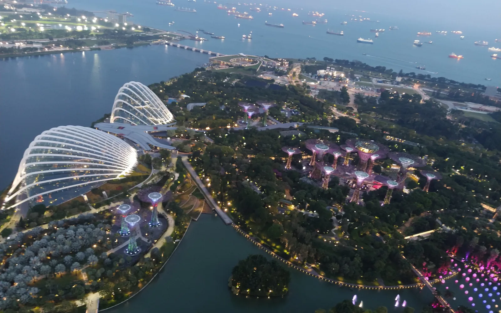 Aerial view of Gardens by the Bay with the Supertrees and Marina Bay at dusk — photo by goFLY founder Mahabub Alam Razu, January 2020