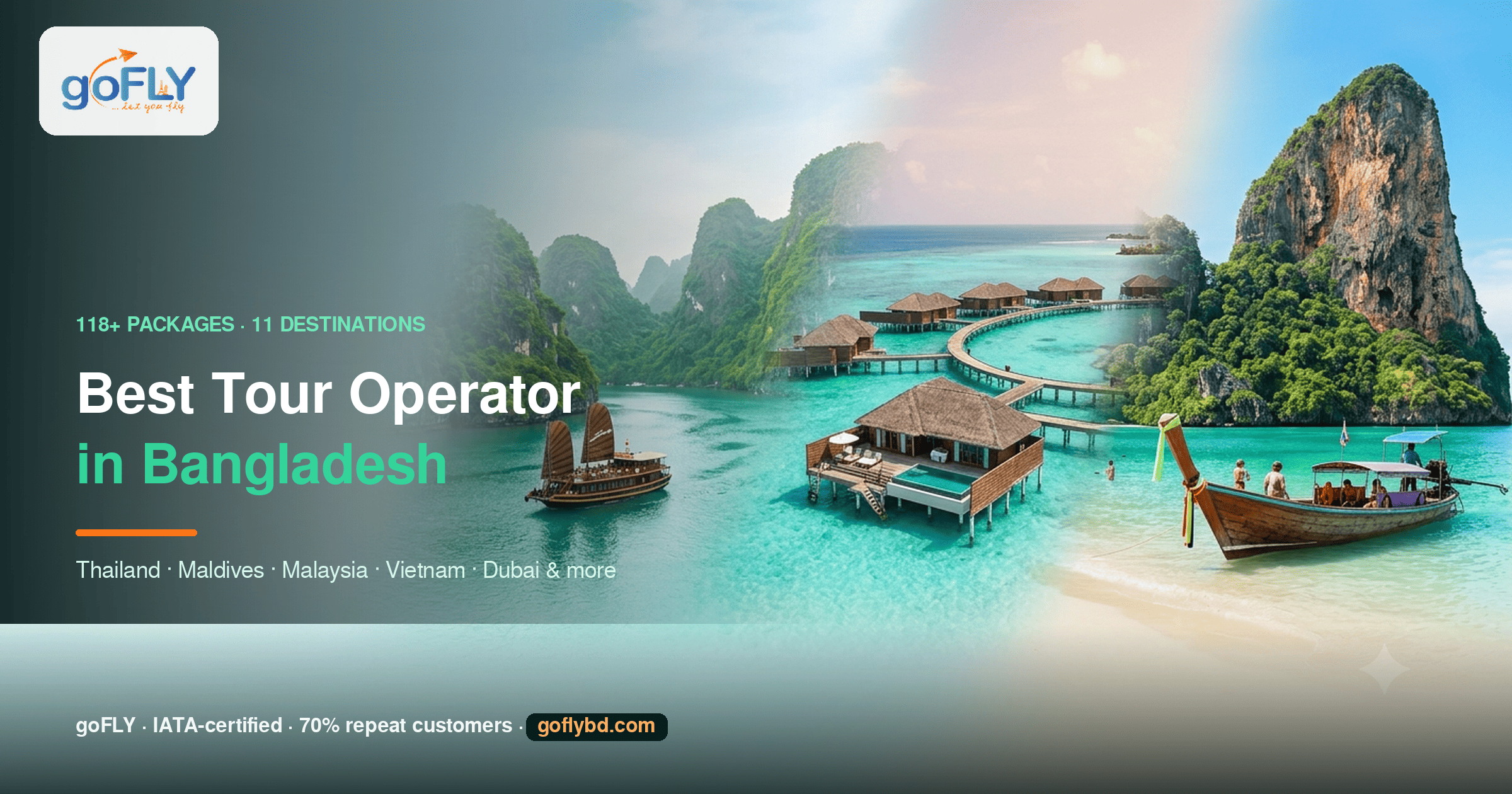 Best tour operator in Bangladesh — goFLY tropical destination collage of Thailand, Maldives and Vietnam, 119+ packages