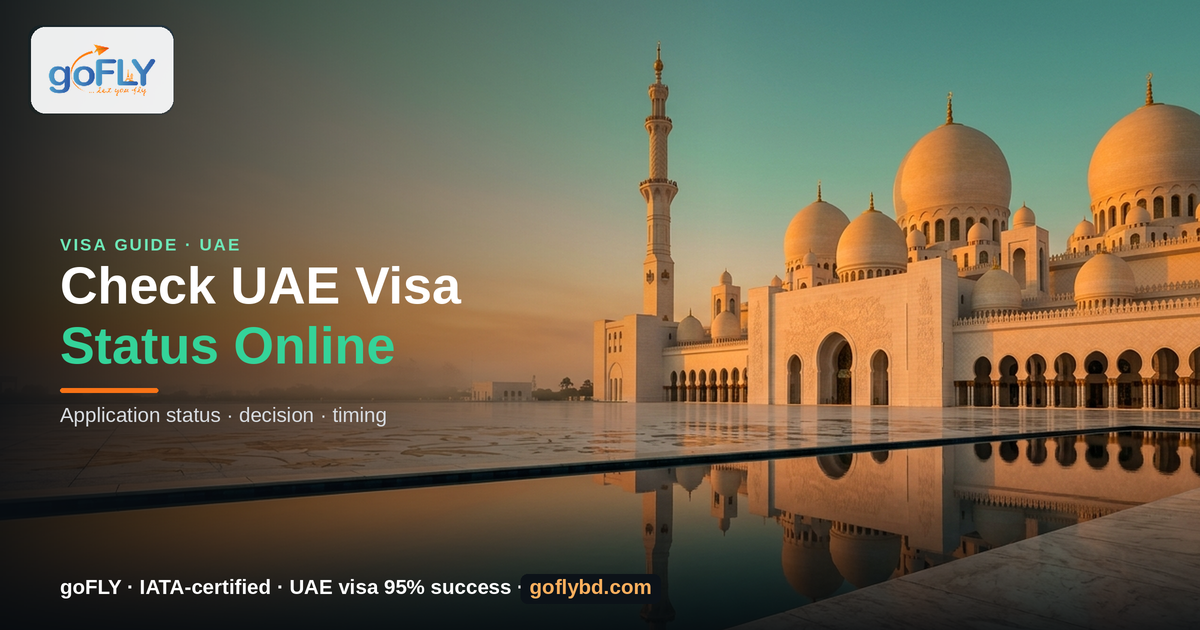 How to Check UAE Visa Status Online from Bangladesh — Sheikh Zayed Grand Mosque, Abu Dhabi at sunset, goFLY Limited IATA-certified
