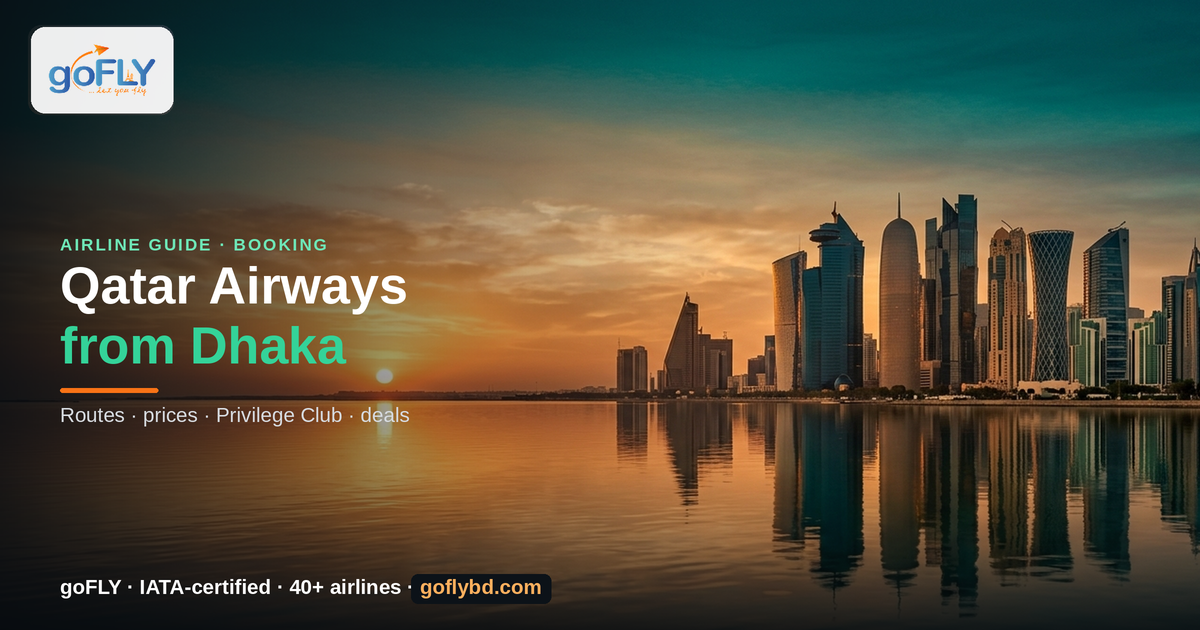 Qatar Airways from Dhaka 2026 — Doha West Bay skyline at sunset, goFLY Limited IATA-certified