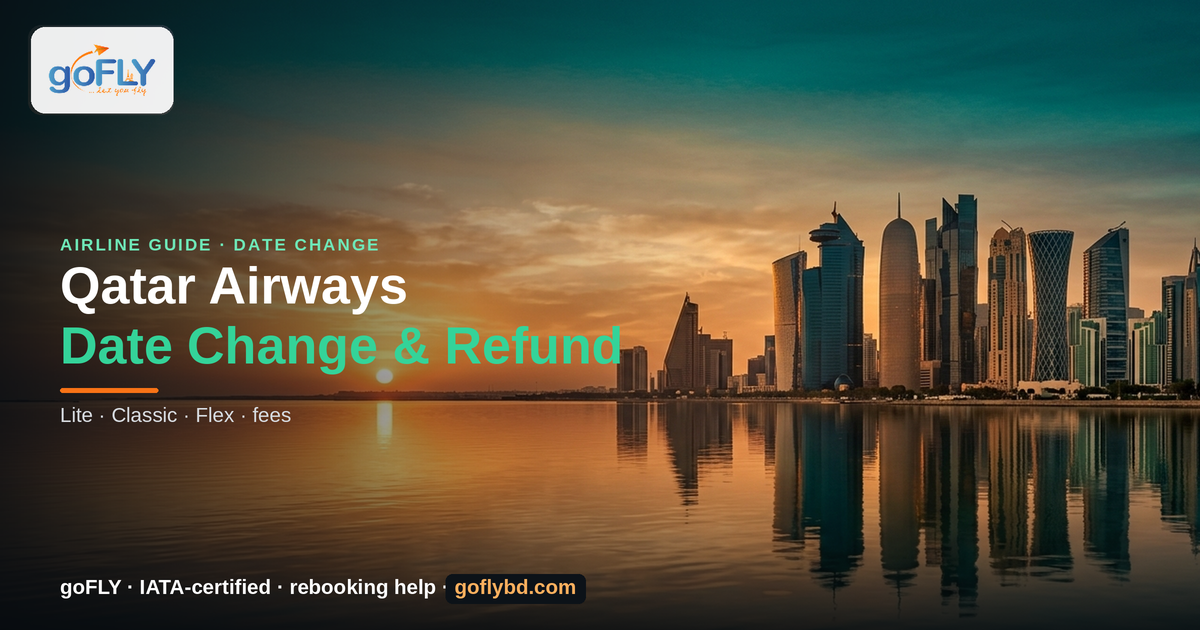 Qatar Airways Ticket Date Change & Cancellation Guide 2026 — Doha West Bay skyline at sunset, goFLY Limited IATA-certified