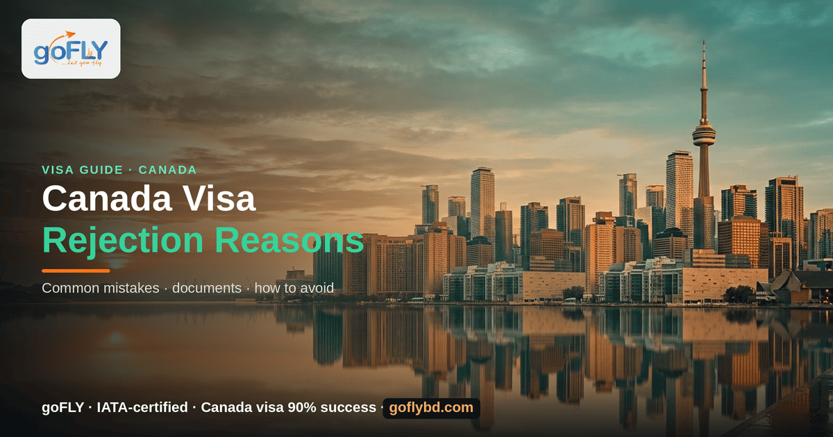 Reasons for Canada Visa Rejection — Toronto skyline and CN Tower at sunset, goFLY Limited IATA-certified