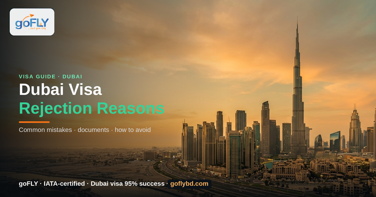 Reasons for Dubai Visa Rejection for Bangladeshi Applicants — Burj Khalifa and Downtown Dubai skyline at sunset, goFLY Limited IATA-certified