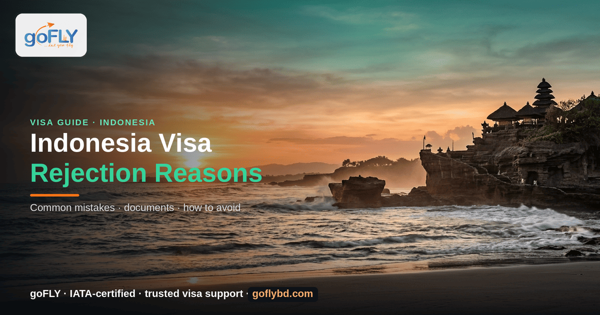 Reasons for Indonesia Visa Rejection — Tanah Lot temple, Bali at sunset, goFLY Limited IATA-certified
