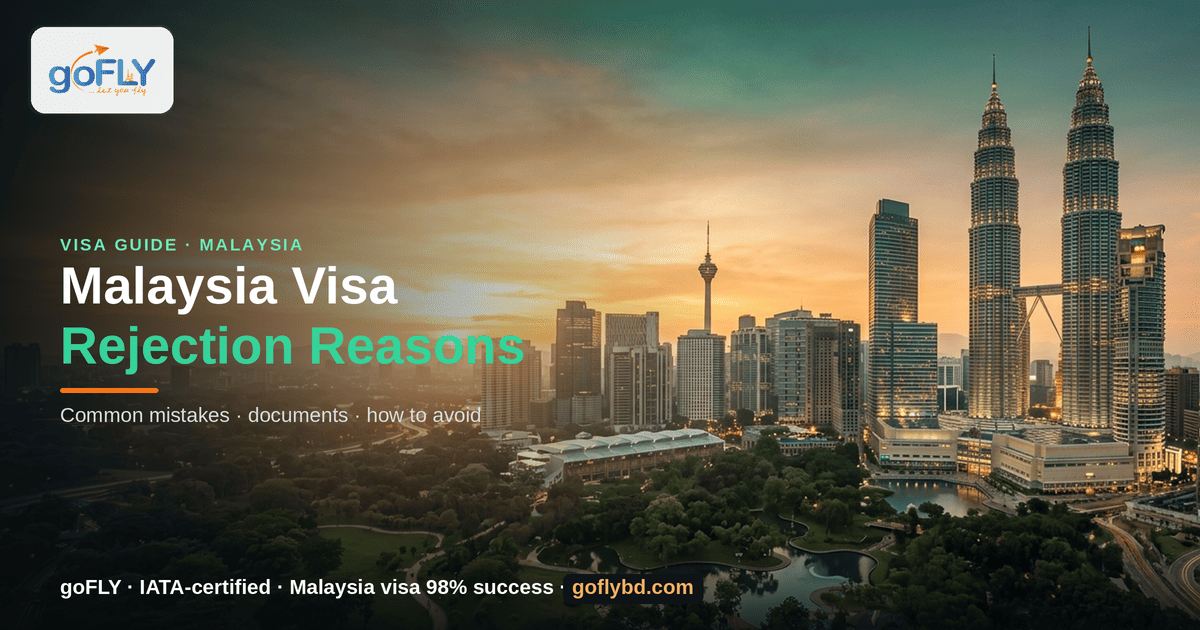 Reasons for Malaysia Visa Rejections — Petronas Twin Towers and Kuala Lumpur skyline at sunset, goFLY Limited IATA-certified