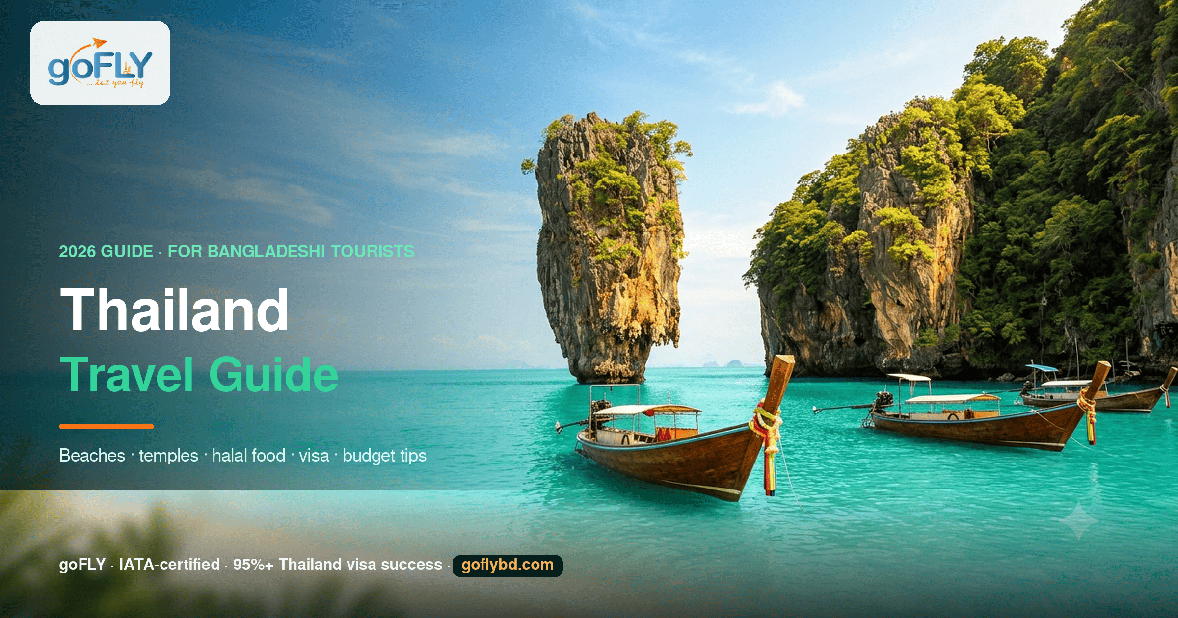 Thailand travel guide for Bangladeshi tourists — Krabi limestone cliffs, longtail boats and turquoise sea, goFLY 2026 guide