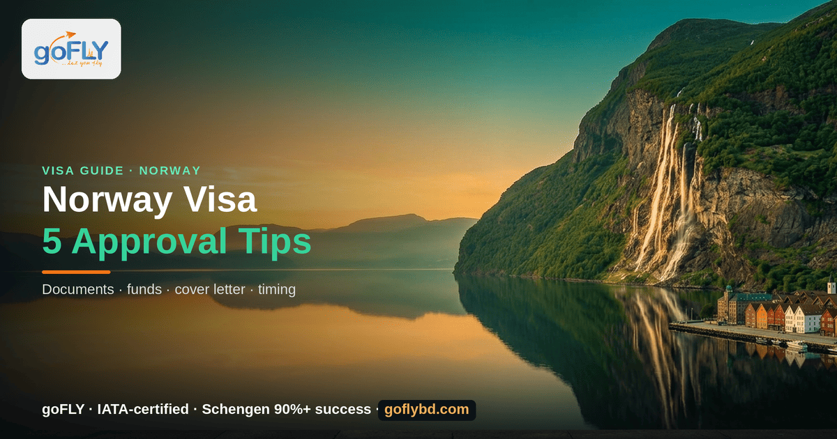5 Essential Tips for Norway Visa Approval — Norwegian fjord with waterfall at sunset, goFLY Limited IATA-certified