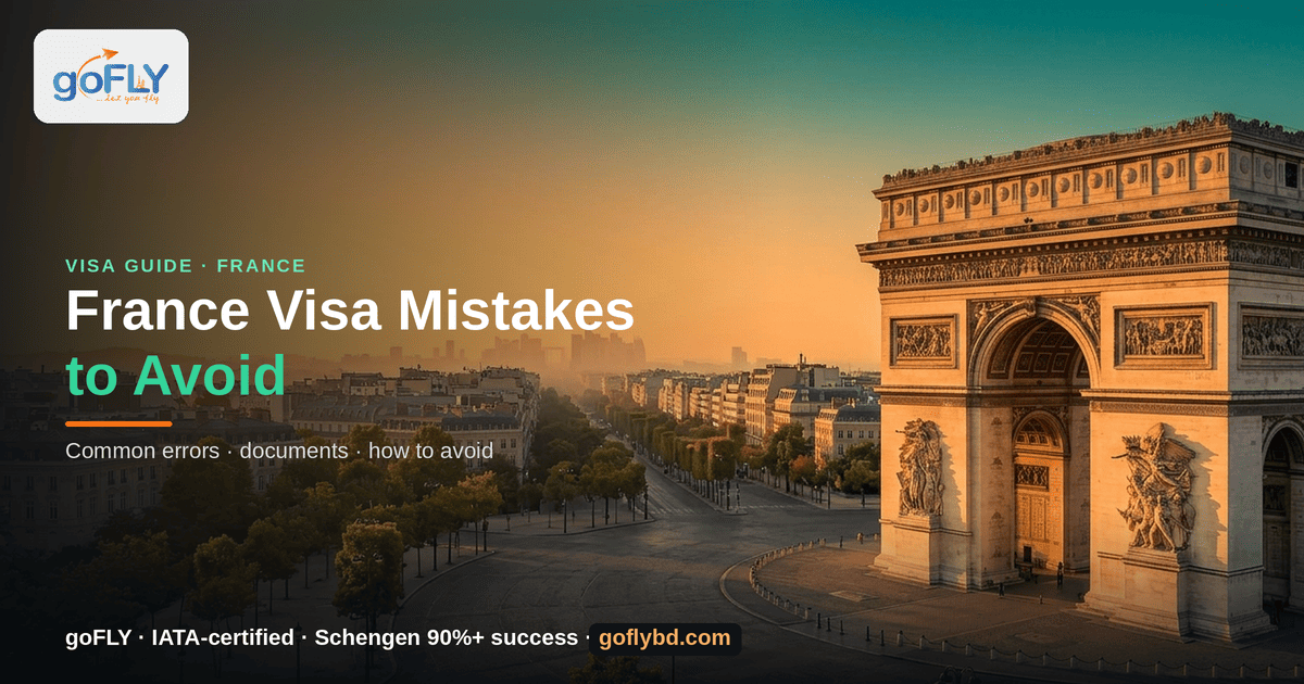 Avoid Common France Visa Mistakes — Arc de Triomphe, Paris at golden hour, goFLY Limited IATA-certified