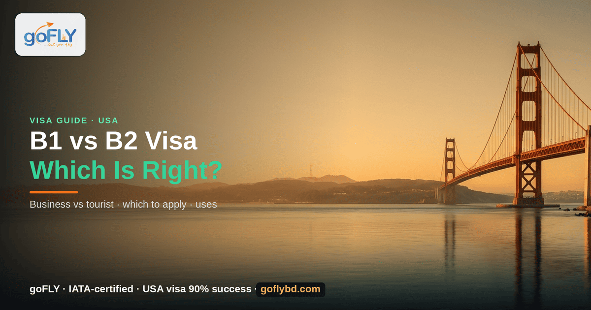 B1 vs B2 US Visa, Which One Is Right for You — Golden Gate Bridge, San Francisco at golden hour, goFLY Limited IATA-certified