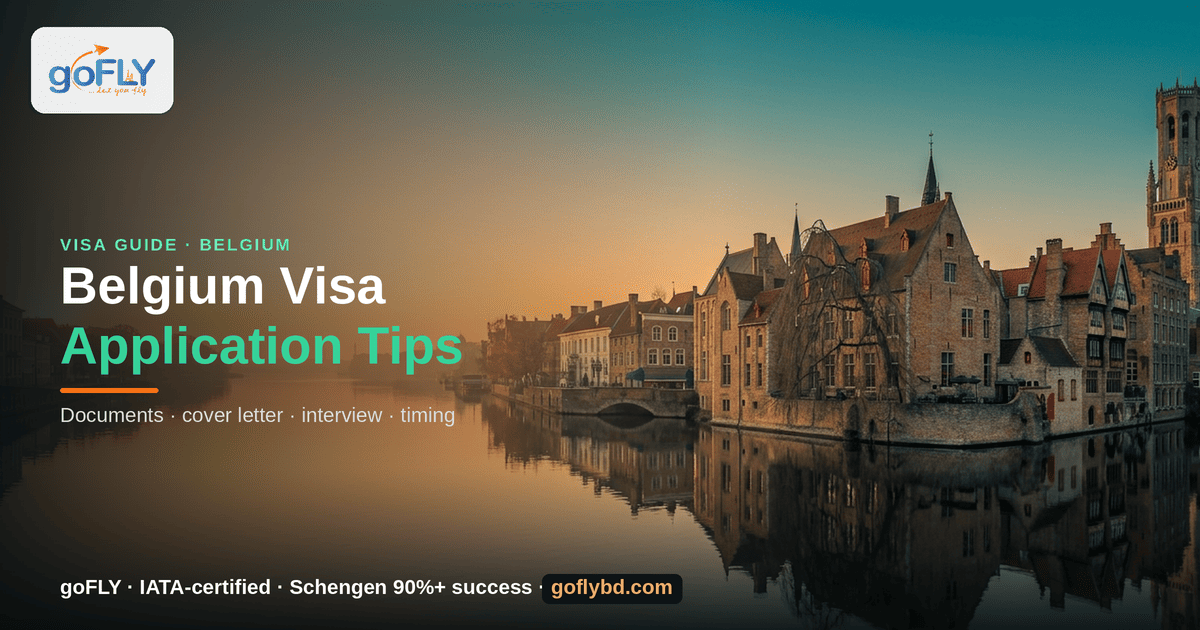 Belgium Visa Application Tips for Bangladeshi Applicants — Bruges canal and Belfry at golden hour, goFLY Limited IATA-certified