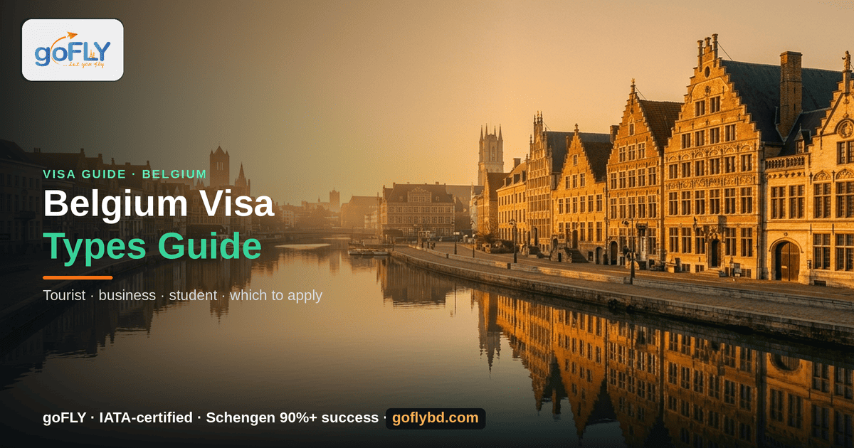 Belgium Visa Types Guide — Ghent Graslei waterfront at sunset, goFLY Limited IATA-certified