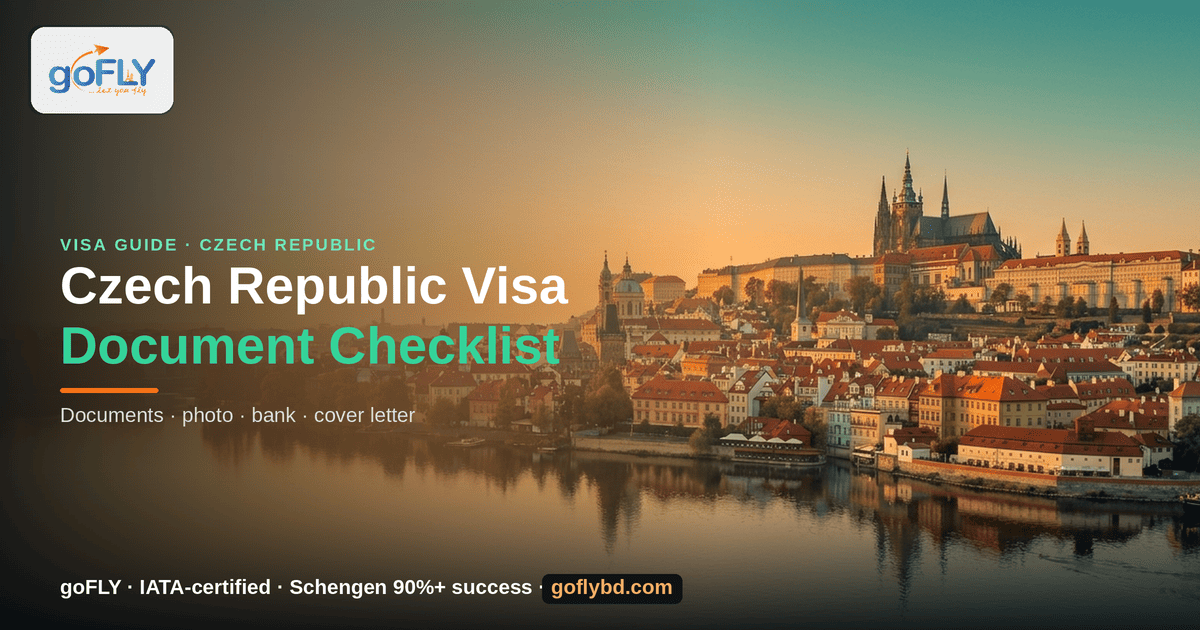 Czech Republic Visa Document Checklist for Bangladesh — Prague Castle and St. Vitus Cathedral at sunset, goFLY Limited IATA-certified