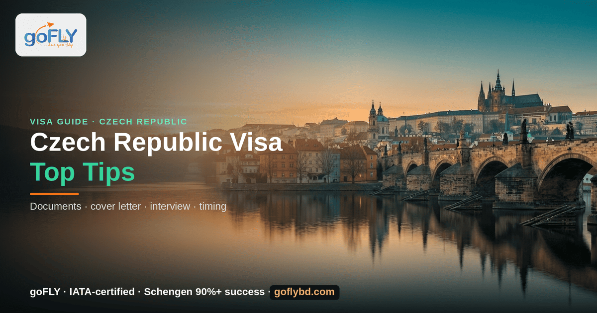 Czech Republic Visa Tips for Bangladeshi Applicants — Charles Bridge and Prague Castle at golden hour, goFLY Limited IATA-certified