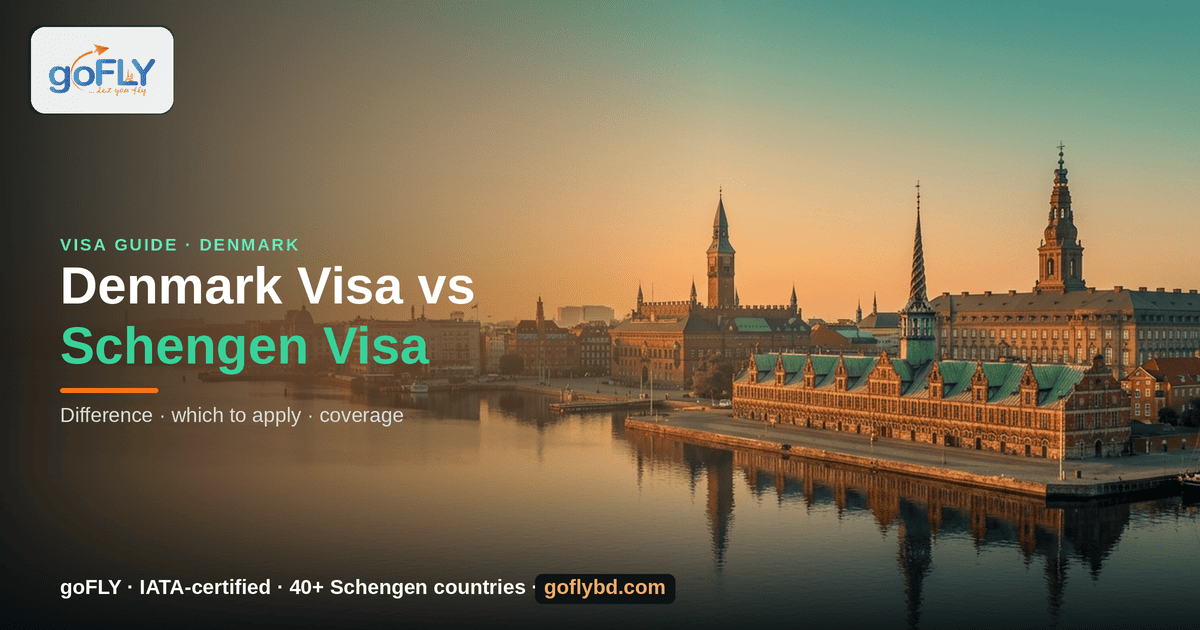 Denmark Visa vs Schengen Visa — Copenhagen skyline at golden hour, goFLY Limited IATA-certified