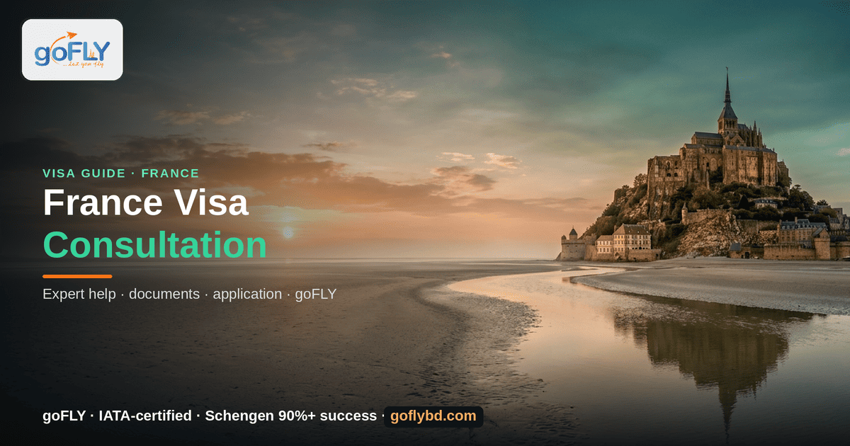 France Visa Consultation in Bangladesh — Mont Saint-Michel, Normandy at sunset, goFLY Limited IATA-certified