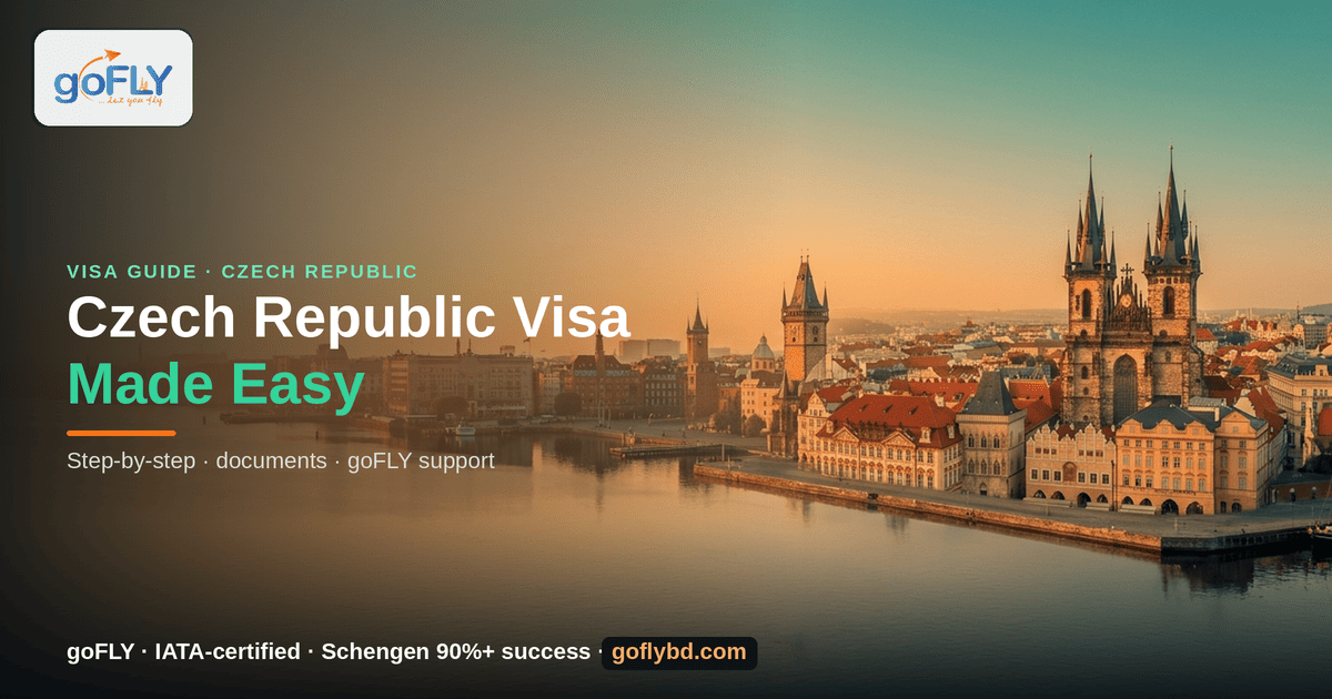 How goFLY Makes Czech Republic Visa Easy — Prague Old Town and Týn Church at sunset, goFLY Limited IATA-certified