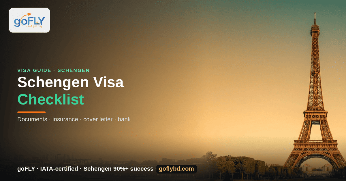 Schengen Visa Checklist for Bangladeshi Travelers — Eiffel Tower, Paris at golden hour, goFLY Limited IATA-certified
