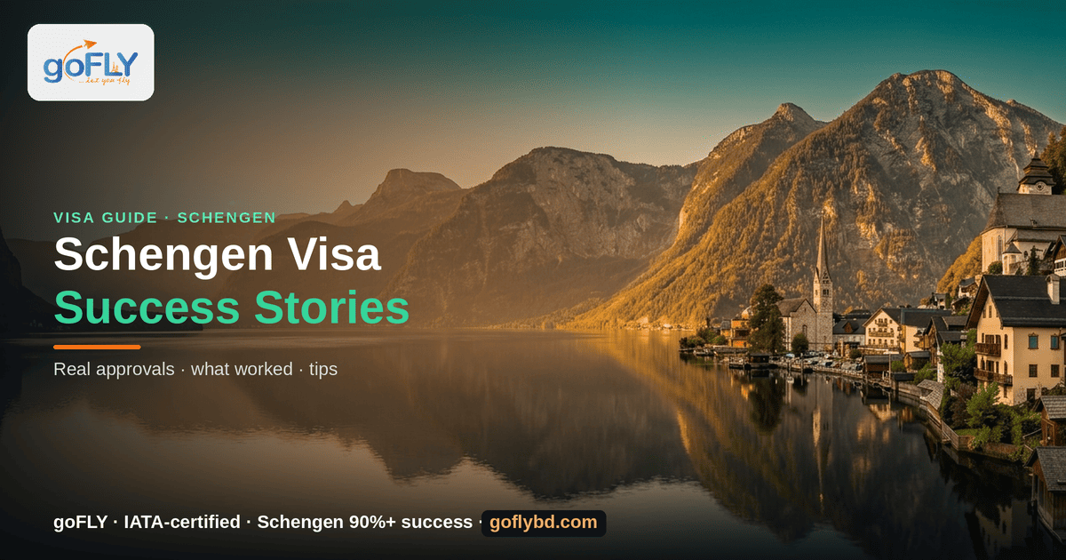 Schengen Visa Success Stories of Bangladeshi Travelers — Hallstatt, Austria at golden hour, goFLY Limited IATA-certified