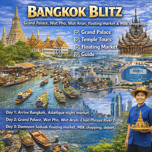 Bangkok Blitz Tour Package - Grand Palace Wat Pho Wat Arun temples floating market Thailand