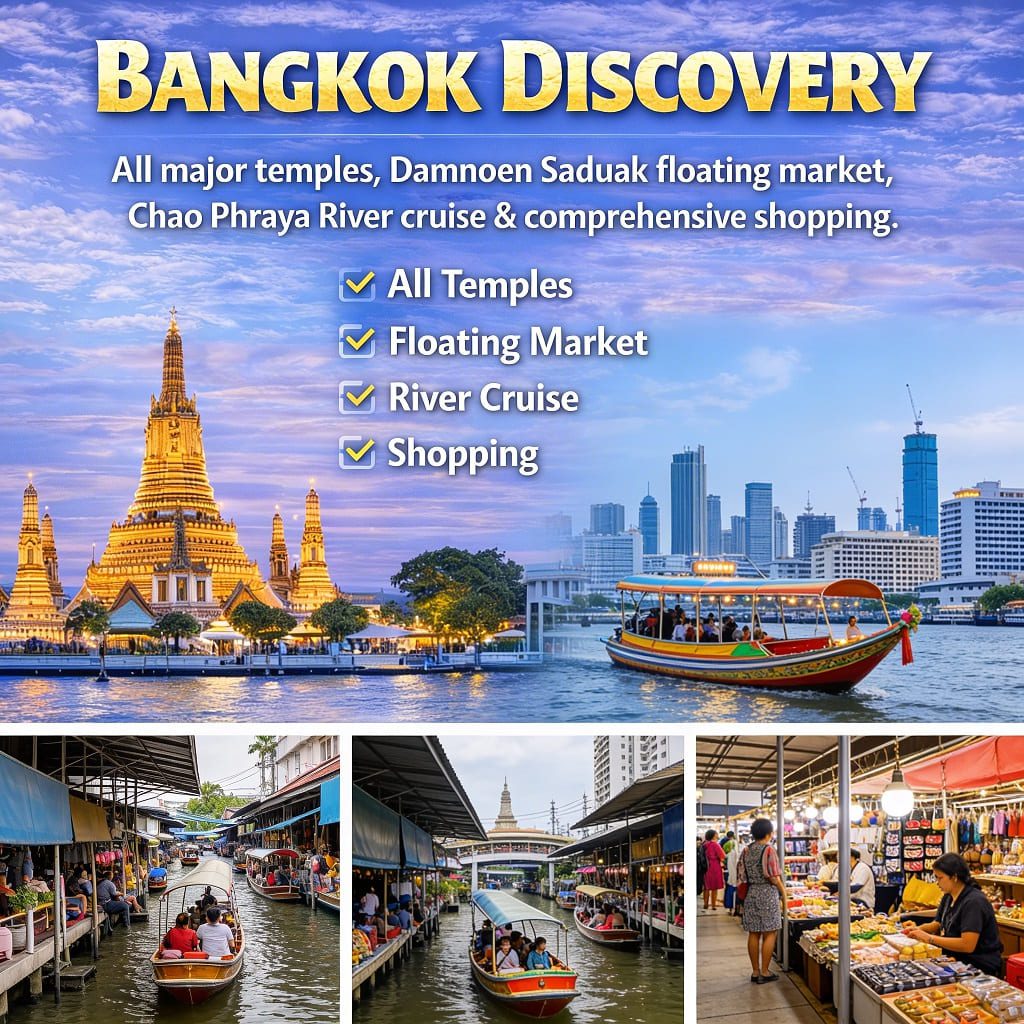 Bangkok Discovery Tour Package - Grand Palace Wat Pho floating market river cruise shopping Thailand