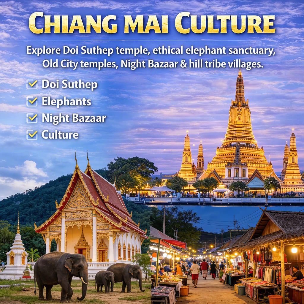 Chiang Mai Culture Tour Package - Doi Suthep temple elephant sanctuary hill tribes Night Bazaar Thailand