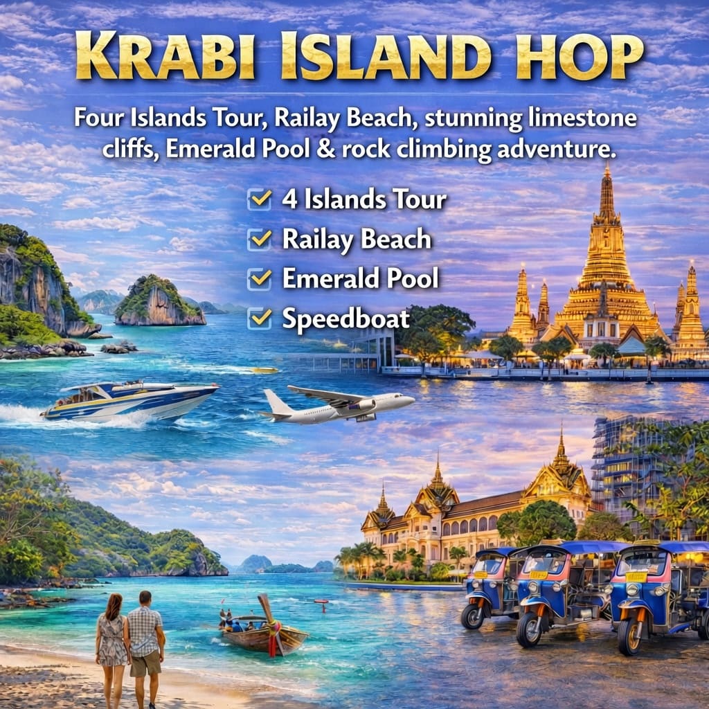 Krabi Island Hop Tour Package - Four Islands Railay Beach limestone cliffs Emerald Pool Thailand