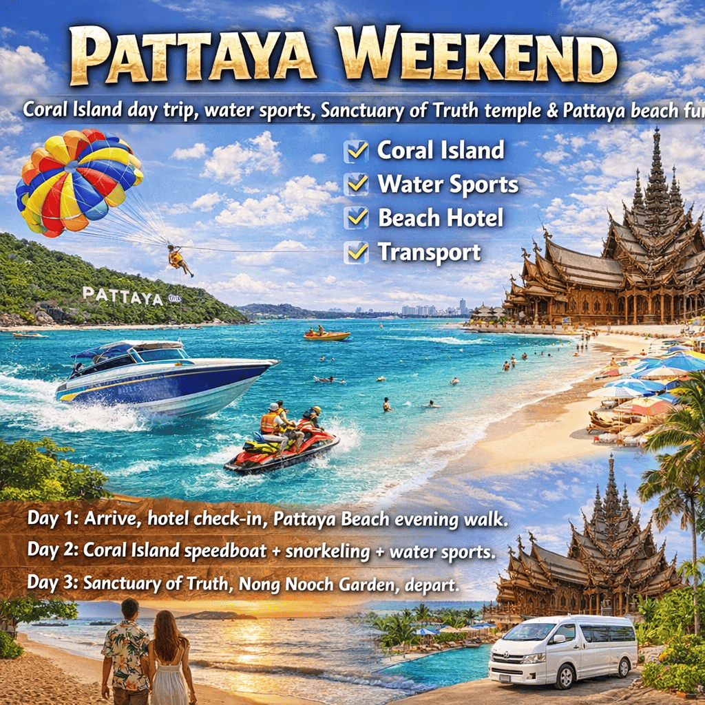 Pattaya Weekend Tour 2N3D - Coral Island Speedboat Water Sports Sanctuary of Truth Thailand